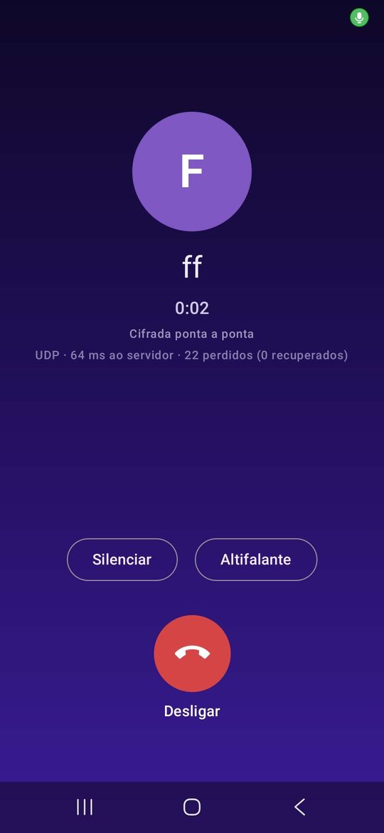 Ecrã de uma chamada de voz na SEALER: contador, cifrada ponta a ponta e os botões Silenciar, Altifalante e Desligar.