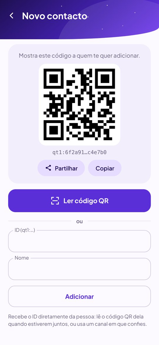 Ecrã Novo contacto da SEALER: o teu código QR, ler o código QR da outra pessoa ou escrever o ID dela.
